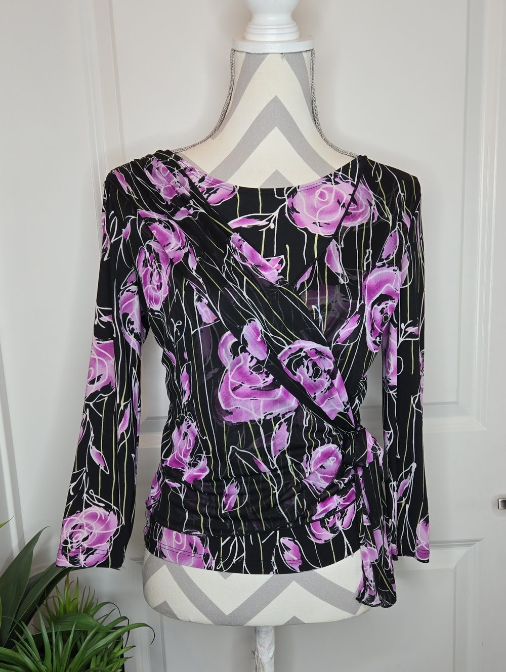 Suzie In The City Top Black Floral Tie Front Fairy Boho Y2K Women's Small